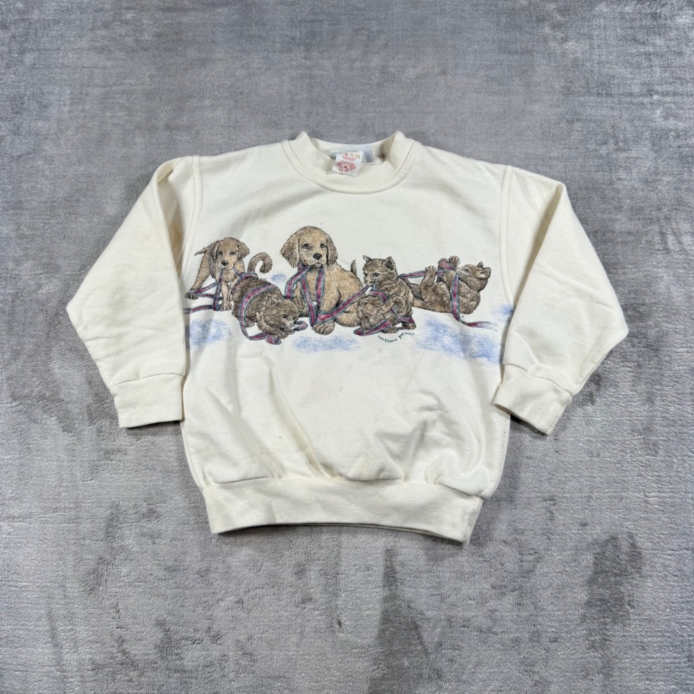 Northern Getaway Sweatshirt Youth XS Cream Puppy Kitten Vintage 90s Wrap Around